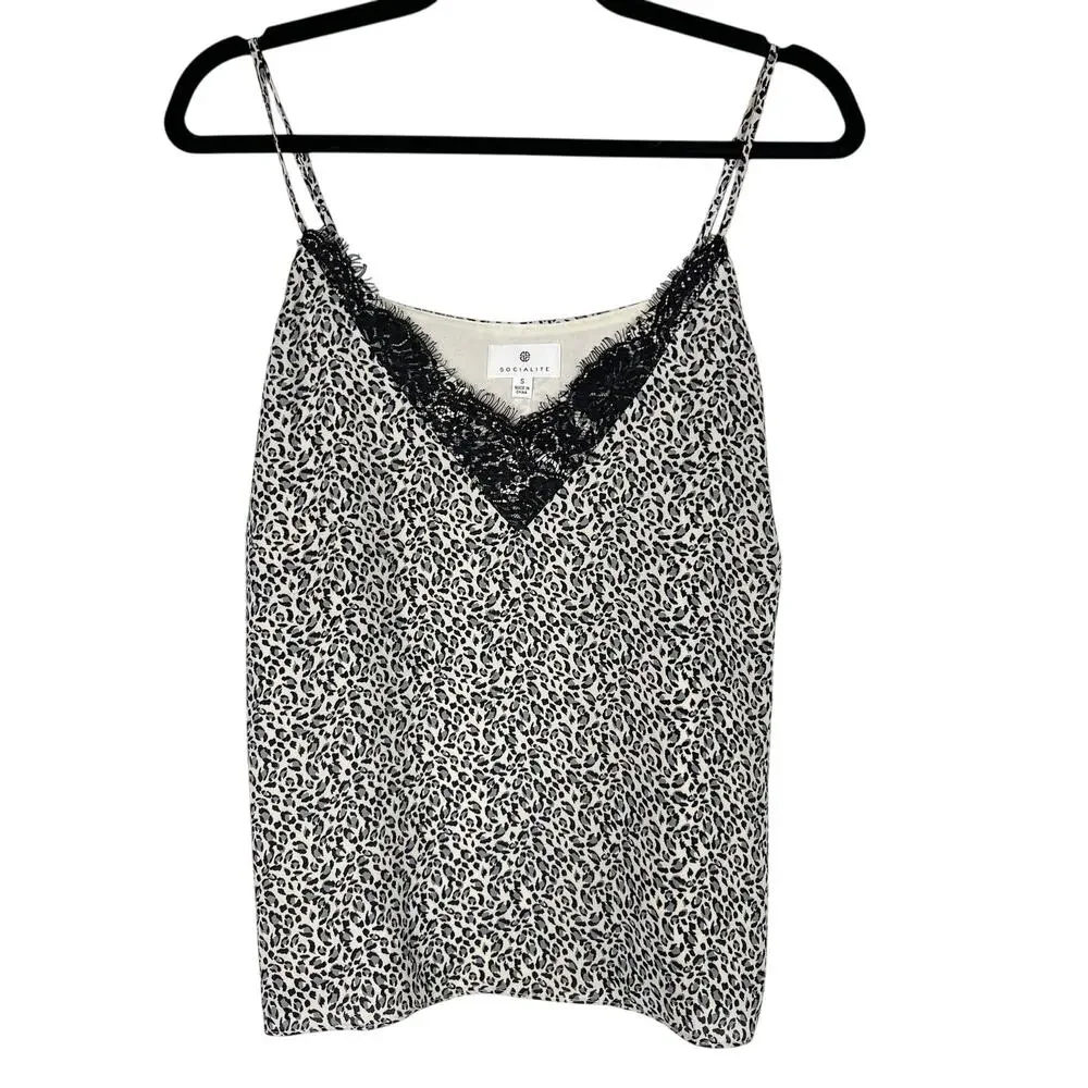 Socialite Small S Cream Black Leopard Animal Print Lace V Neck Camisole Tank Top
